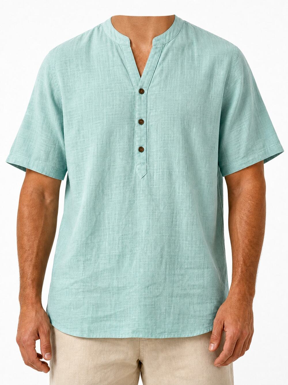Luc Matton Mens 3XL XXXL Turquoise Aqua Cotton Short Sleeve Henley Shirt Casual